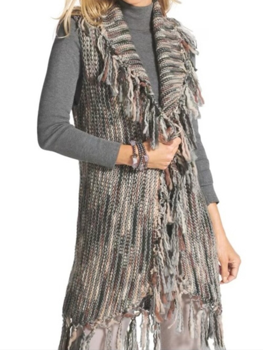 Chico's Drama Fringe Nolan Vest Sleeveless Fringe Open Front Size-2 (US-L)